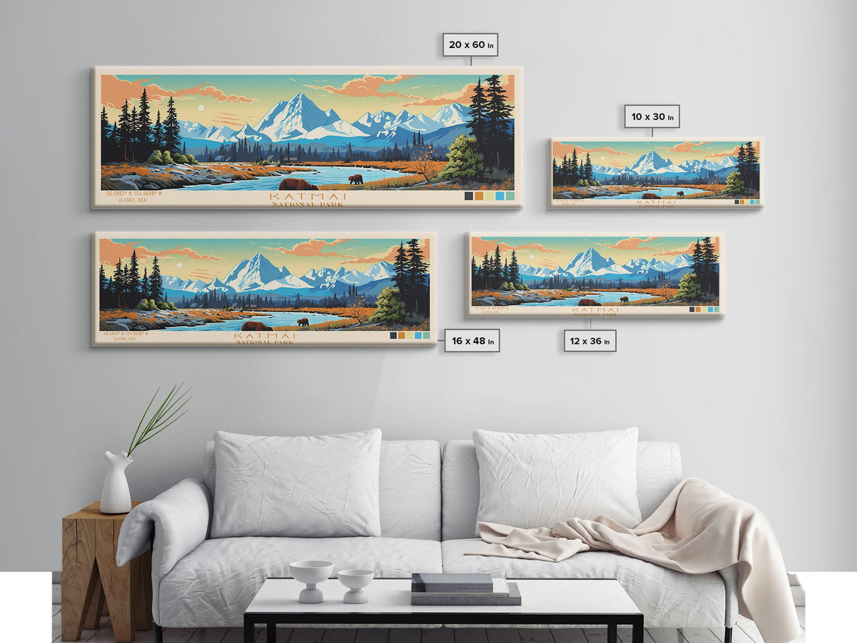 Katmai National Park, Panoramic Alaska Travel Art, National Park Print, Minimalist Travel Art, Midcentury Modern Style Landscape