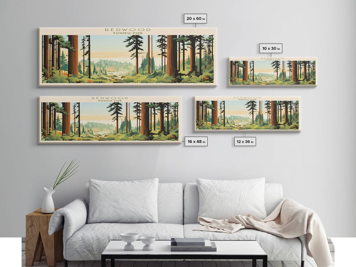 Redwood National Park Panoramic California Travel Art, National Park Print, Minimalist Travel Art, Midcentury Modern Style Landscape