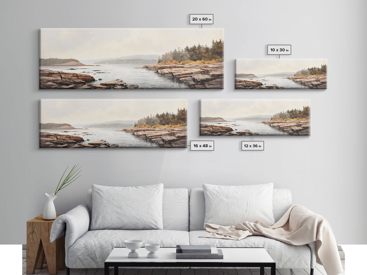 Watercolor Panoramic Acadia National Park Horizontal Framed Canvas Print, Extra Large Art, Large Wall Art, Landscape Paintin