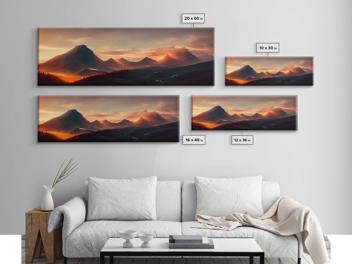 Sunset Over The Mountains, Ready To Hang Canvas Print, Panoramic Art, Above Bed Art, Above Couch Art, Above Sofa Landscape Decor