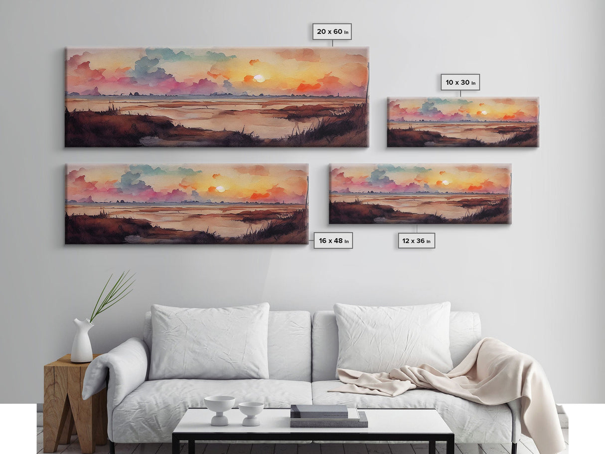 Watercolor Landscape Painting Print, Ready To Hang Panoramic Canvas Print, Whimsical Water Color Sunset, Hazy Smoky Sky, Huge Wall Art