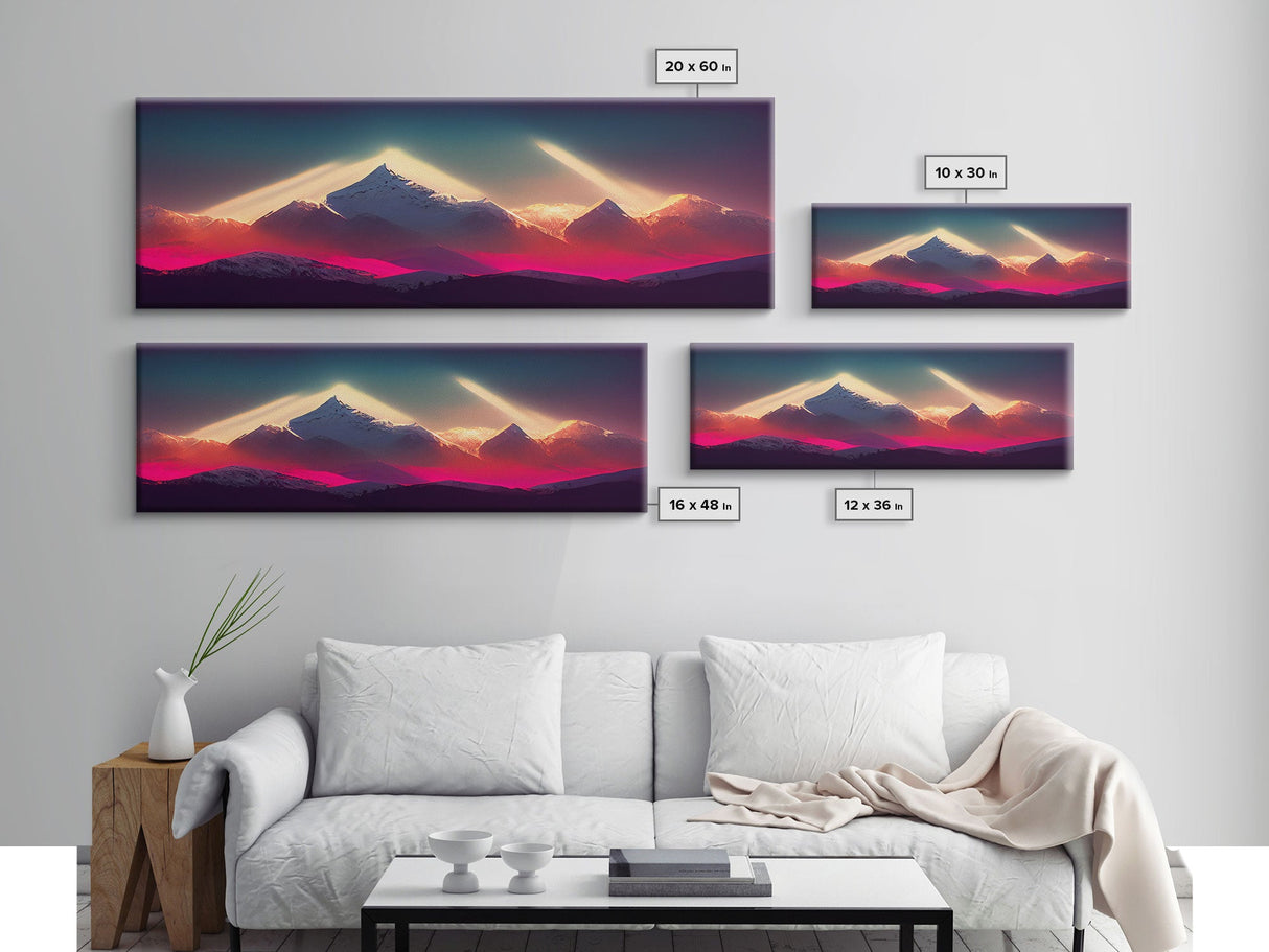 Panoramic Canvas Print, Mountain Sunrise Wall Decor, Cool Wall Art, Ready To Hang, Vaporwave Sunset, Cool Landscape Art