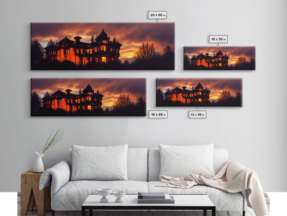 Spooky Haunted House, Panoramic Wall Art Canvas Print, Ready To Hang, Creepy Wall Decor, Gloomy Art