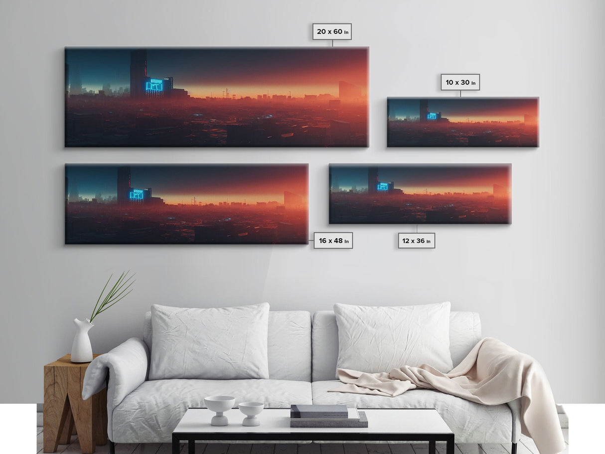 Cyberpunk Cityscape, Ready To Hang Canvas Print, Panoramic, Cyberpunk Concept Art, Cityscape at Sunset, Cool mancave art, gift for him