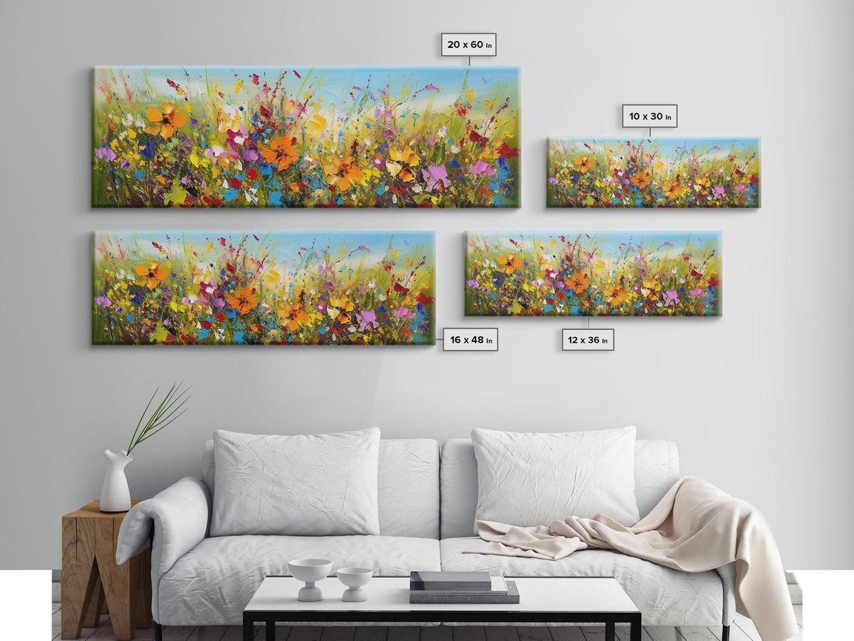 Panoramic Wild Flower Mural Canvas Print, Framed Wall Art, Minimalist Decor, Abstract Oil Painting Of Flowers, Floral Art