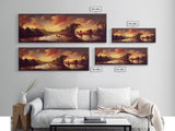 Prehistoric Abstract Landscape Art, Ready To Hang Canvas Print, Panoramic Art, Dinosaurs At Sunset