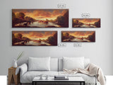 Prehistoric Dinosaur Abstract Landscape Art, Ready To Hang Canvas Print, Panoramic Art, Dinosaurs At Sunset