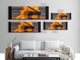 Burning Piano On The Beach, Surreal Art, Framed Canvas Print, Panoramic Wall Art