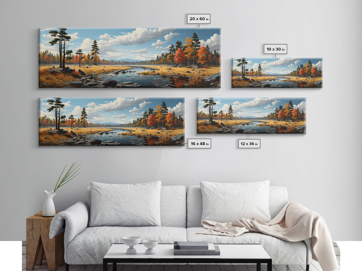 Panoramic Autumn Landscape Painting Framed Canvas Print, Large Wall Art, Fall Centerpiece, Above Fireplace Living Room Art, Mantle Art