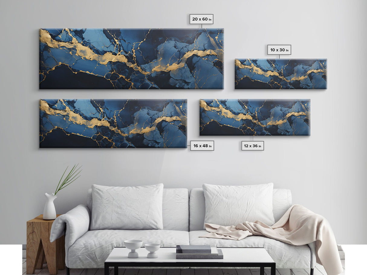 Black, Blue and Gold Marble Canvas Wall Art, Abstract Canvas Art, Panoramic Art, Large Wall Art, Marble Wall Decor, Large Canvas Modern Art