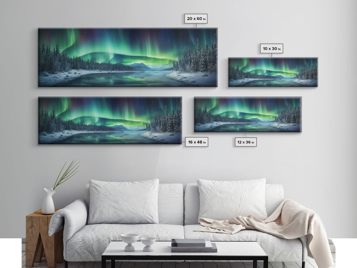 Panoramic Aurora Borealis Wall Art, Framed Canvas Print, Snowy Winter Landscape Painting, Winter Centerpiece Wall Art