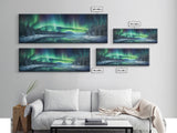 Panoramic Aurora Borealis Wall Art, Framed Canvas Print, Snowy Winter Landscape Painting, Winter Centerpiece Wall Art