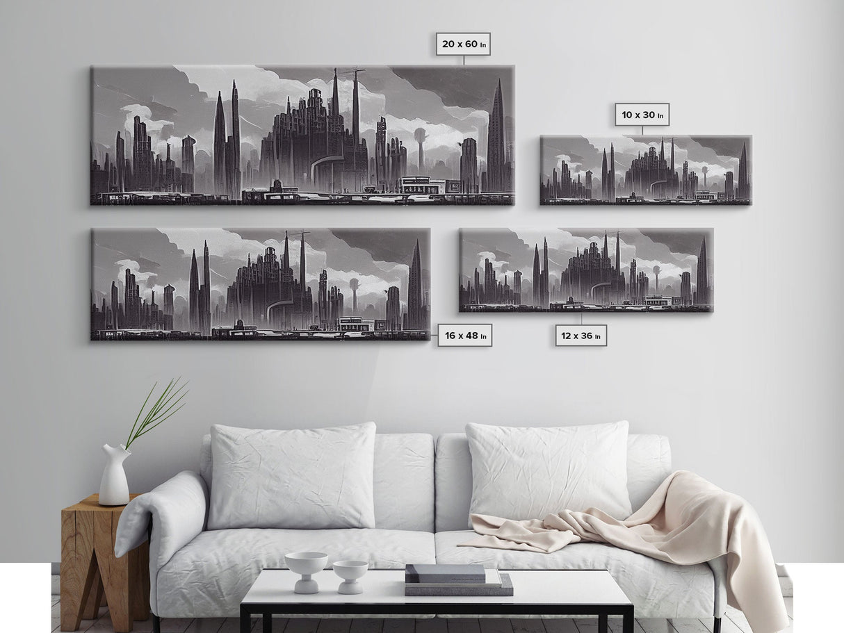 Dystopian Art Deco Style Architecture, Extra Large Wall Art, Framed Panoramic Canvas Print, Framed Wall Decor