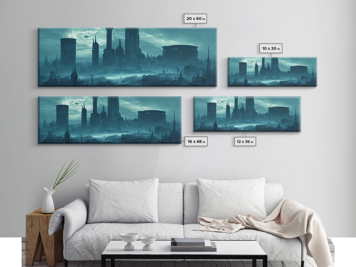 Dystopian Cyberpunk Metropolis, Steampunk Mashup, Extra Large Wall Art, Framed Panoramic Canvas Print, Framed Wall Art