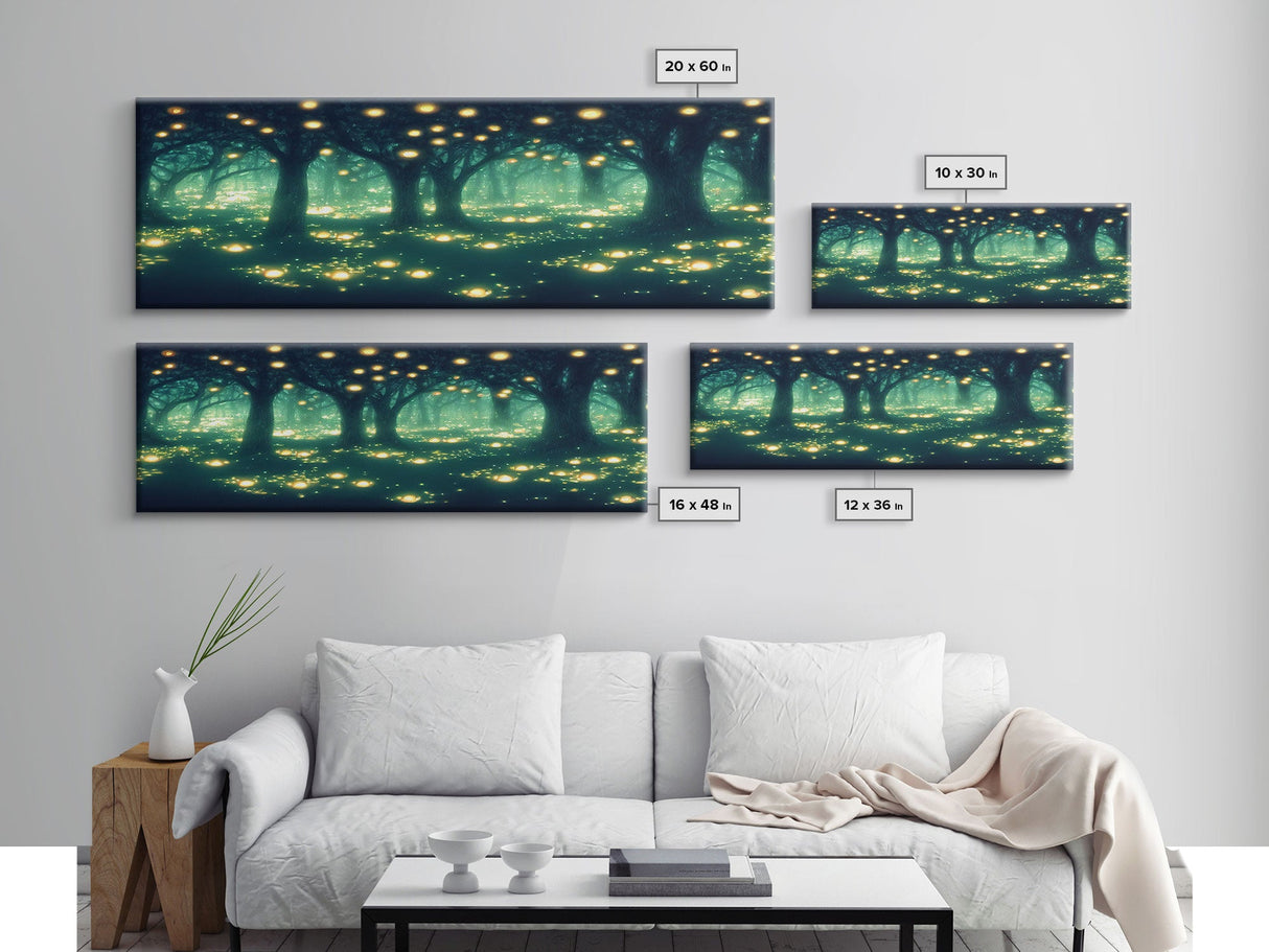 Fantasy Forest At Night With Fireflies, Extra Large Wall Art, Framed Panoramic Canvas Print, Framed Wall Art