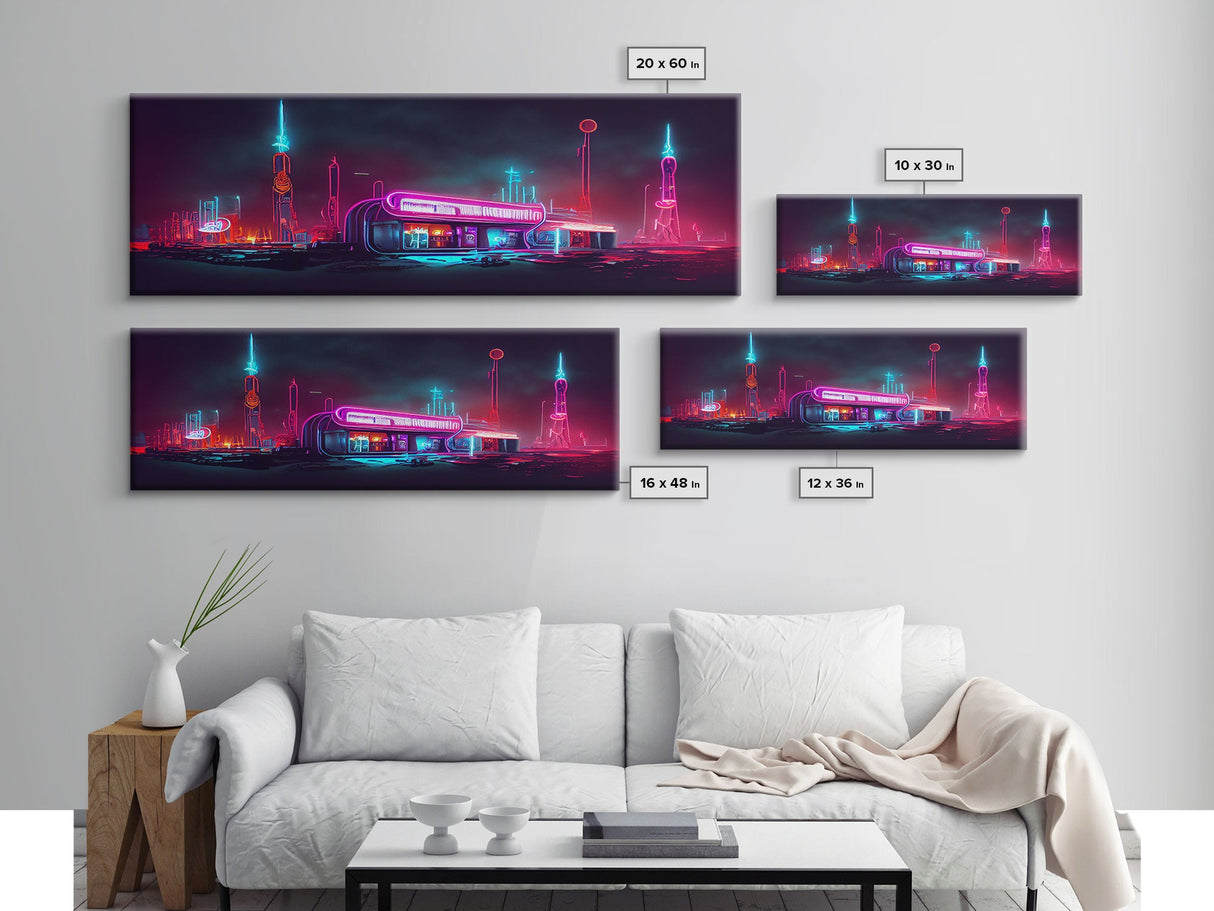 Neon Cyberpunk Atomic Age Diner, Extra Large Wall Art, Framed Panoramic Canvas Print, Framed Wall Art