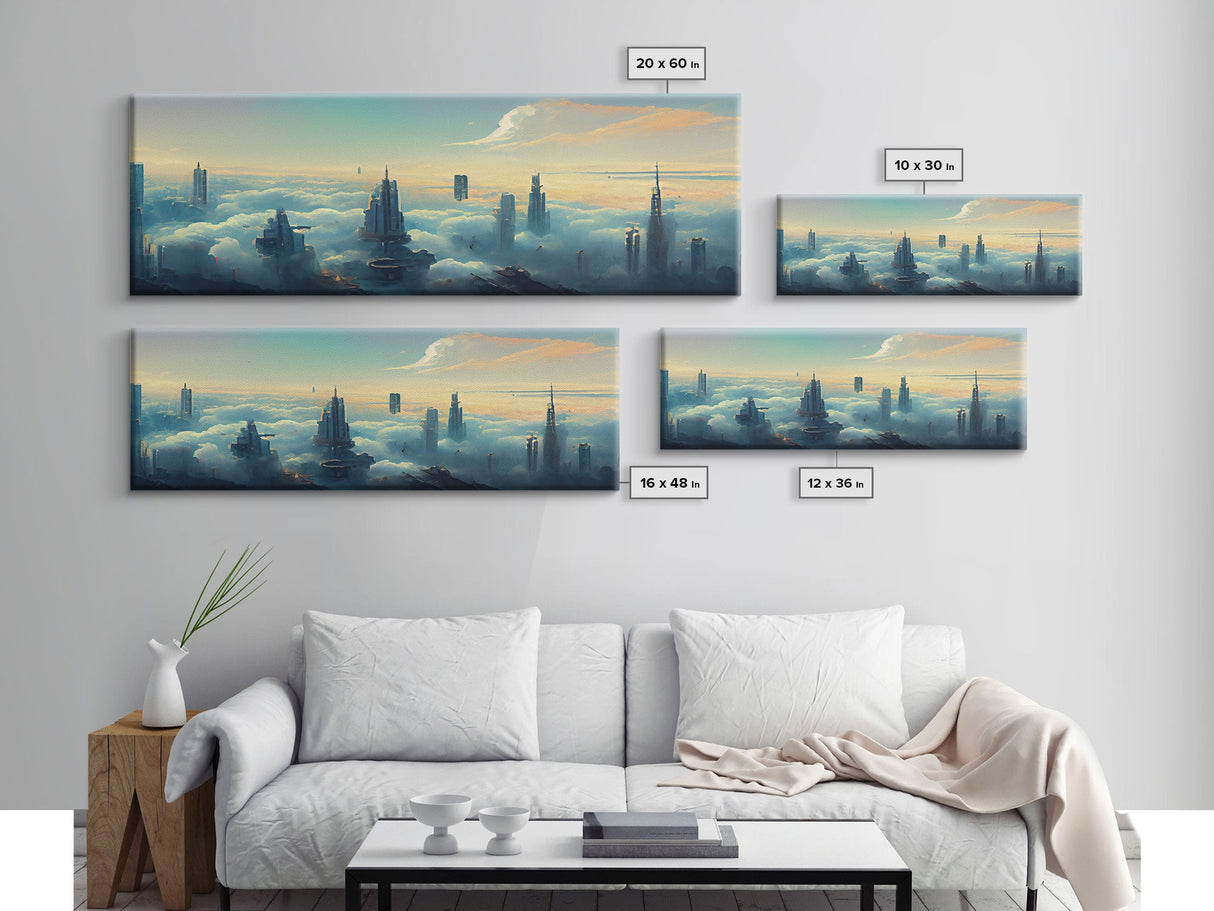 Cyberpunk City Above The Clouds, Futuristic Metropolis, Extra Large Wall Art, Framed Panoramic Canvas Print, Framed Wall Decor