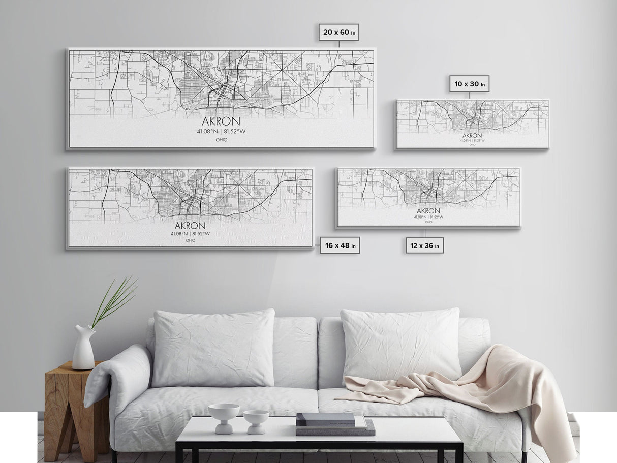 Panoramic Akron City Map, Ohio Art, Map Print, Minimalist Wall Art, Canvas Art, Housewarming Gift, Street Map Art, Closing Gift