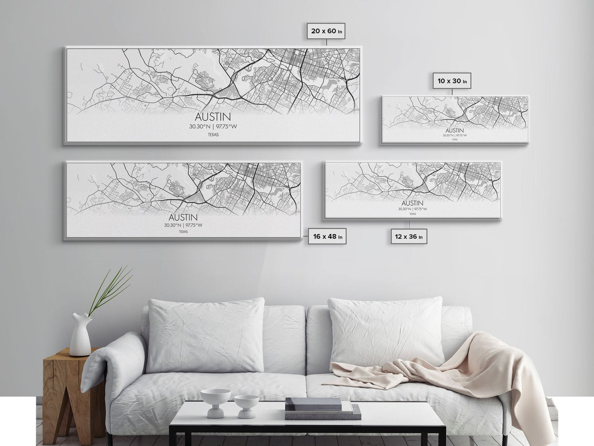 Panoramic Austin City Map, Texas Art, Map Print, Minimalist Wall Art, Canvas Art, Housewarming Gift, Street Map Art, Closing Gift