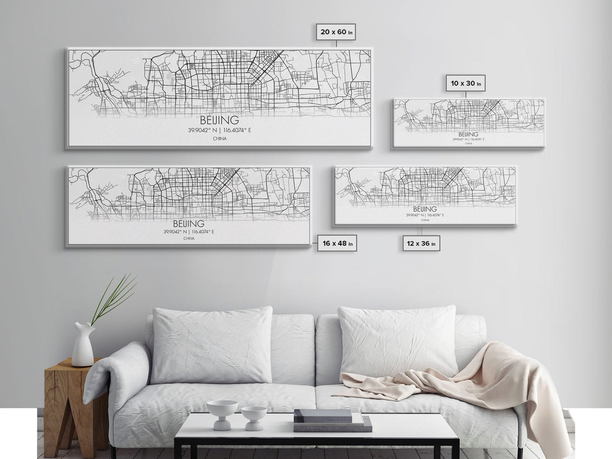 Panoramic Beijing City Map, China Art, Map Print, Minimalist Wall Art, Canvas Art, Housewarming Gift, Street Map Art, Closing Gift