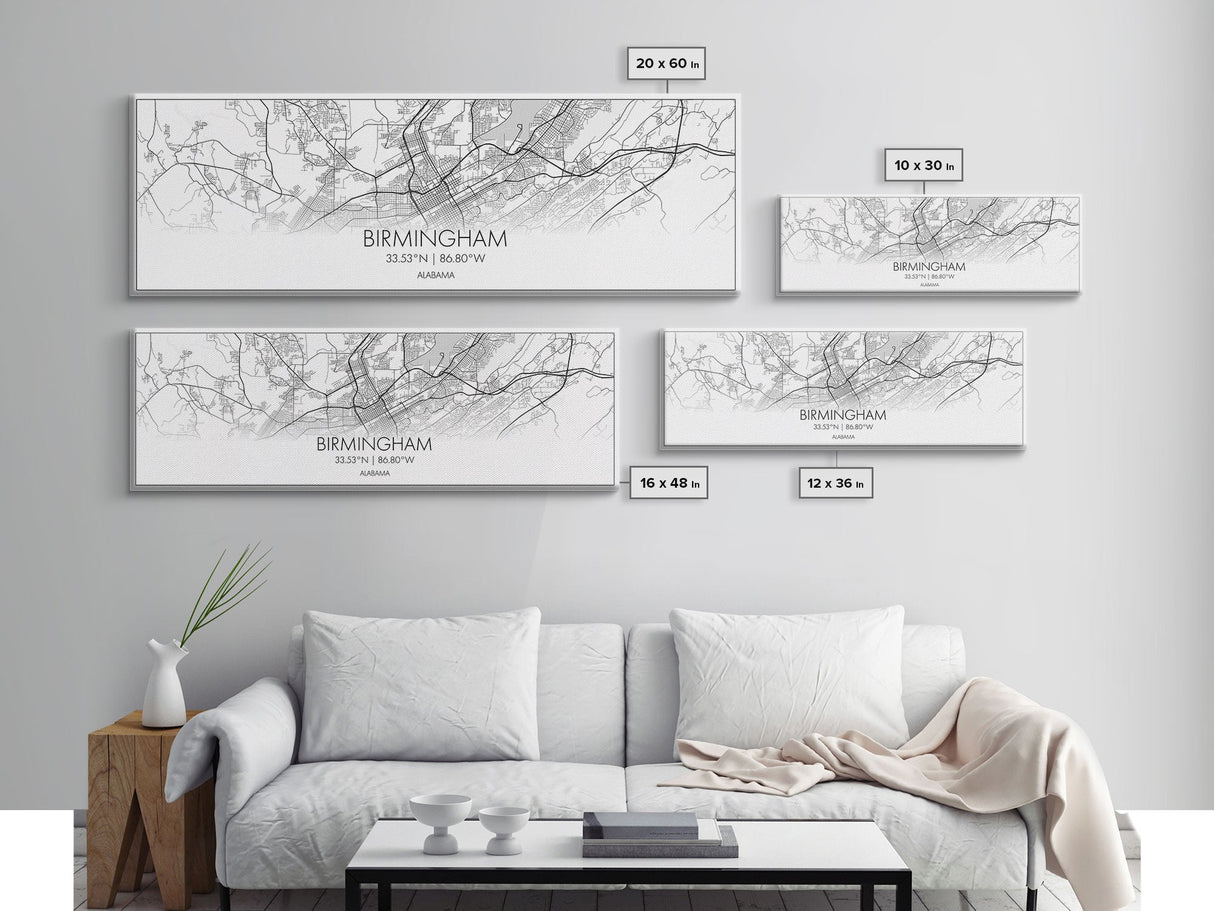 Panoramic Birmingham City Map, Alabama Art, Map Print, Minimalist Wall Art, Canvas Art, Housewarming Gift, Street Map Art, Closing Gift