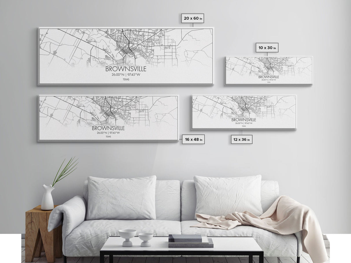 Panoramic Brownsville City Map, Texas Art, Map Print, Minimalist Wall Art, Canvas Art, Housewarming Gift, Street Map Art, Closing Gift