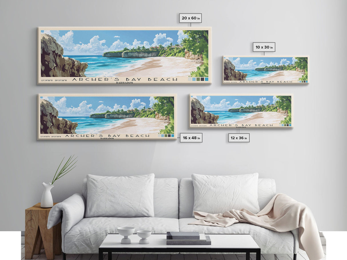 Archer’s Bay Beach, Barbados Panoramic Beach Print, Vacation Gift, Barbados Wall Art, Framed Canvas Print, Framed Beach Painting