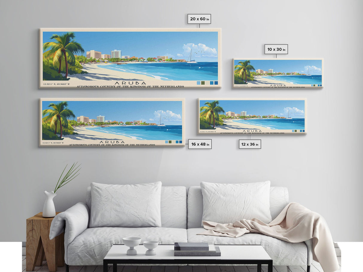 Aruba, autonomous country of the Kingdom of the Netherlands Panoramic Print, Vacation Gift, autonomous country of the Kingdom of the Netherlands Wall Art, Beach Painting, Beach Decor, Large Wall Art, Wood Frame Art