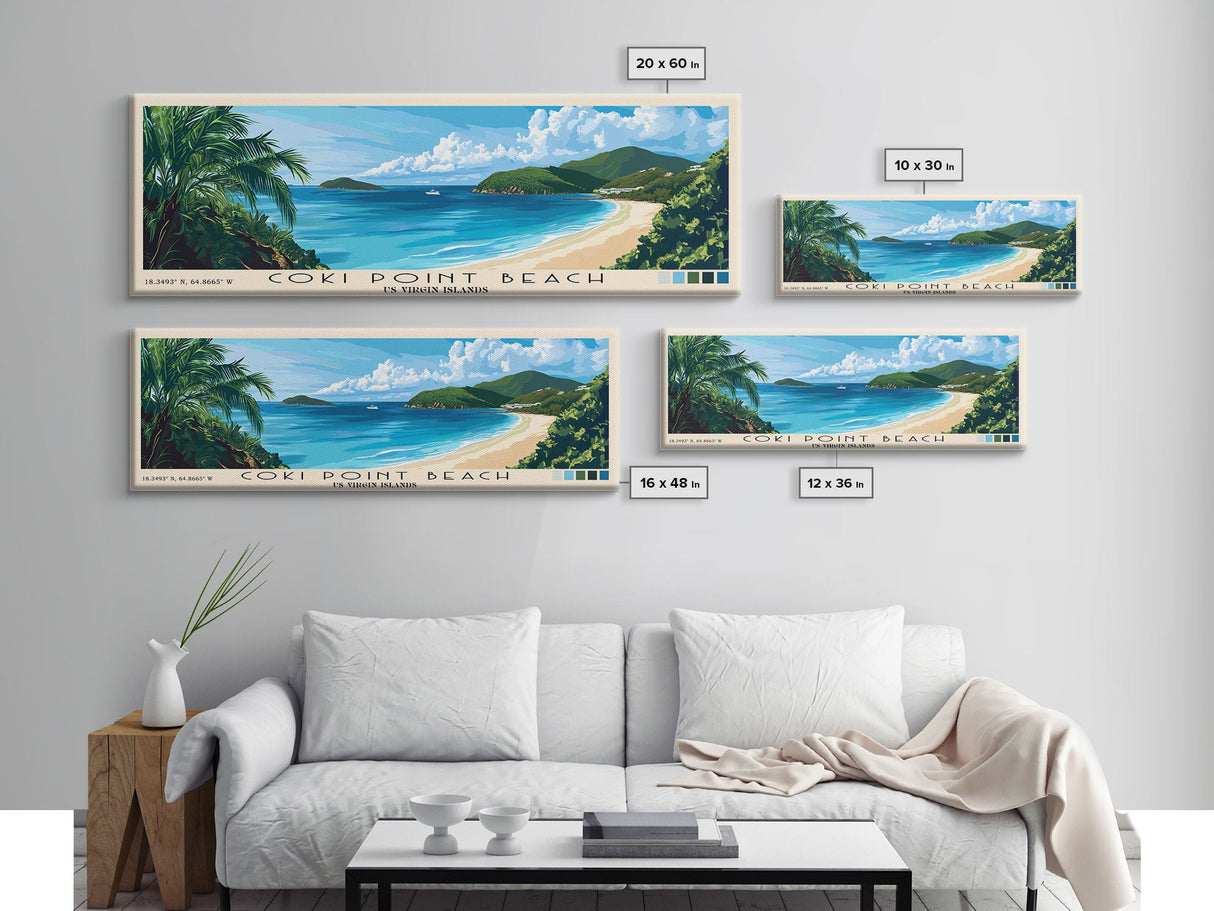 Coki Point Beach, US Virgin islands Panoramic Print, Vacation Gift, US Virgin islands Wall Art, Beach Painting, Beach Decor, Large Wall Art, Wood Frame Art