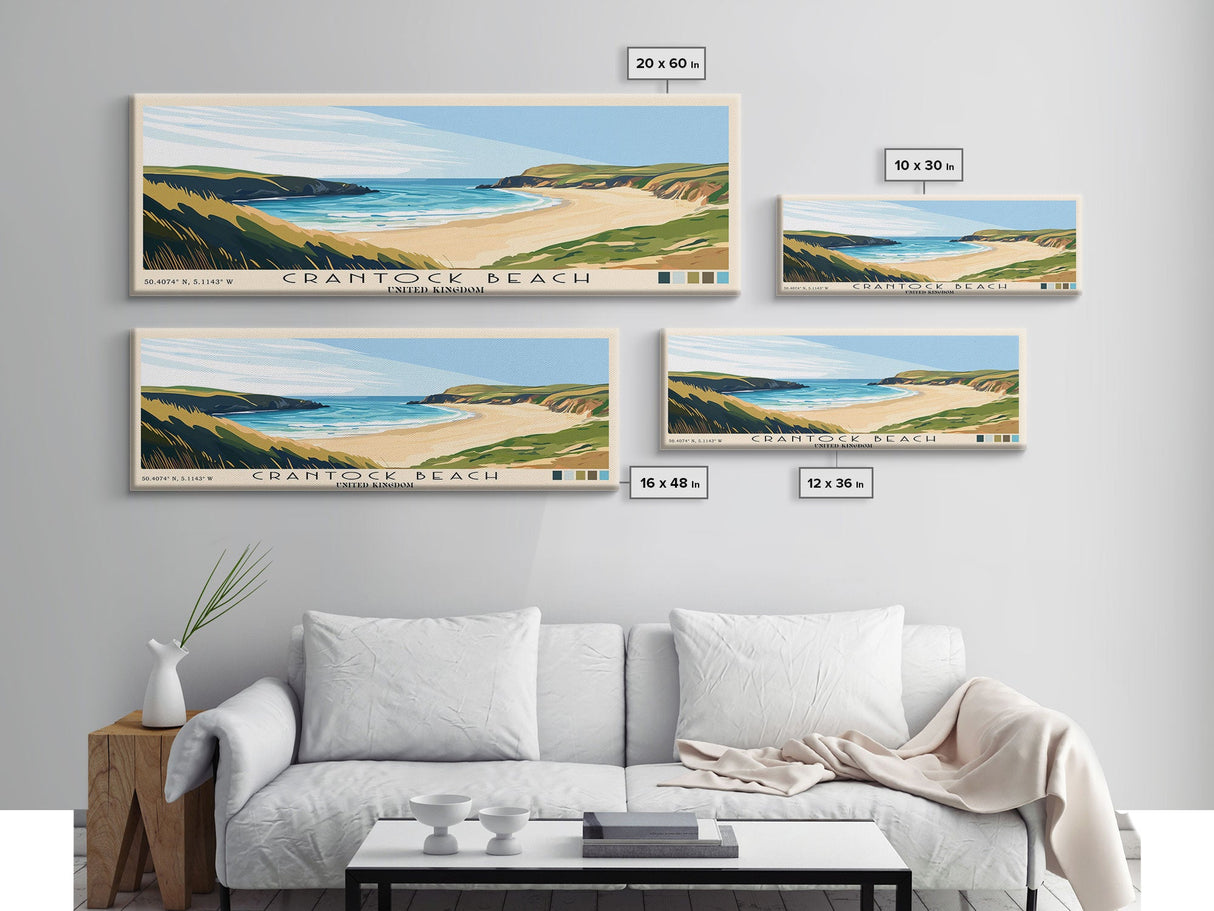 Crantock Beach, United Kingdom Panoramic Beach Print, Vacation Gift, United Kingdom Wall Art, Framed Canvas Print, Framed Beach Painting