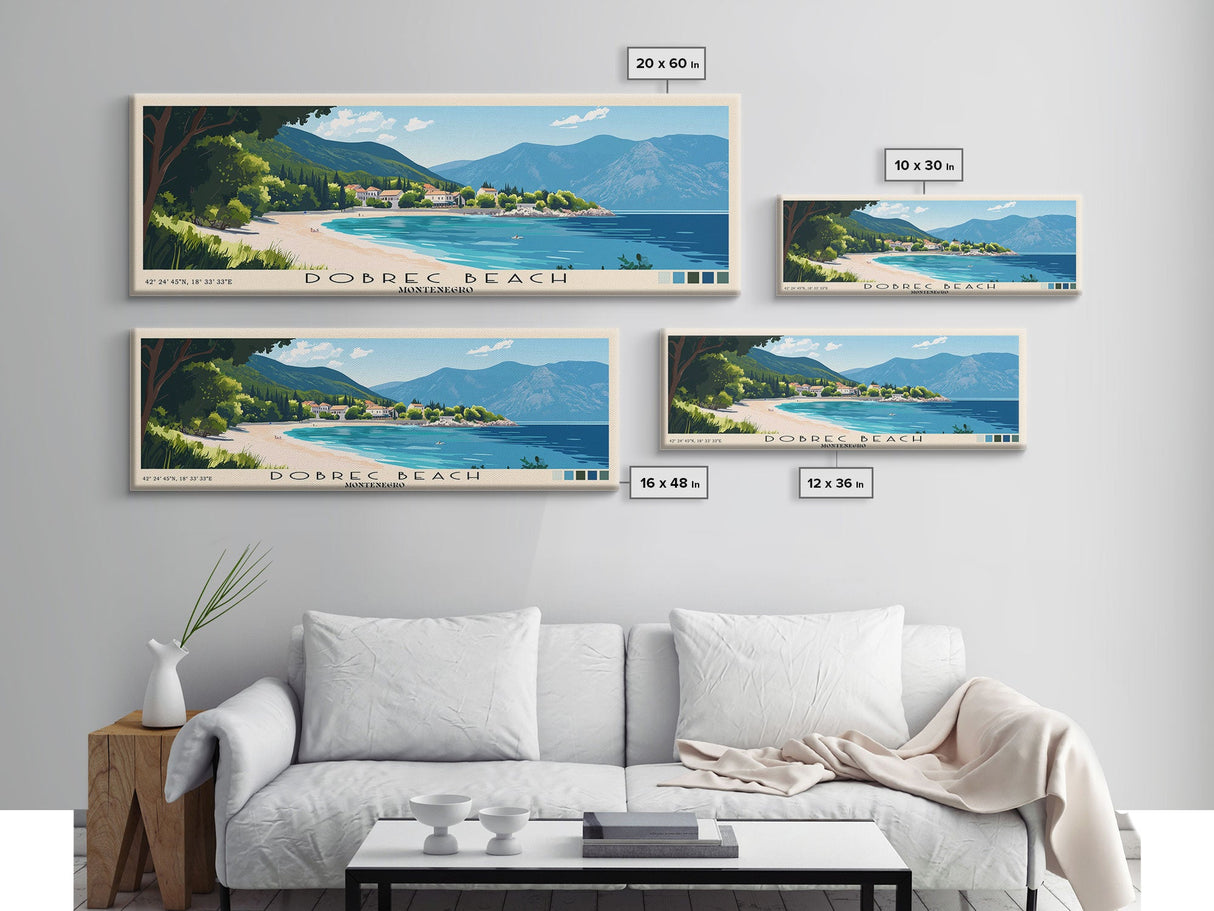 Dobrec Beach, Montenegro Panoramic Print, Vacation Gift, Montenegro Wall Art, Beach Painting, Beach Decor, Beach Or Lakehouse Art