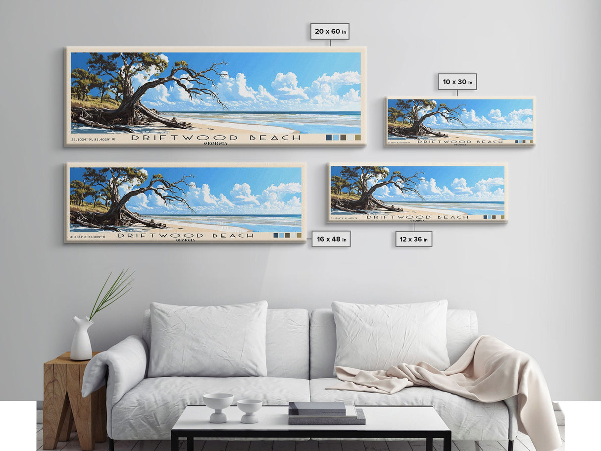 Driftwood Beach, Georgia Panoramic Beach Print, Vacation Gift, Georgia Wall Art, Framed Canvas Print, Framed Beach Painting