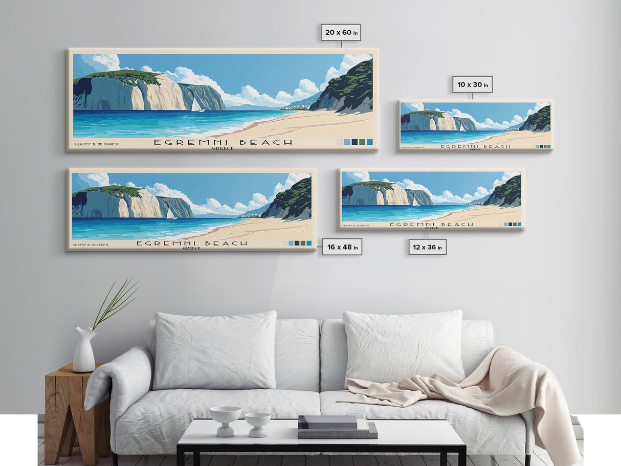 Egremni Beach, Greece Panoramic Beach Print, Vacation Gift, Greece Wall Art, Framed Canvas Print, Framed Beach Painting