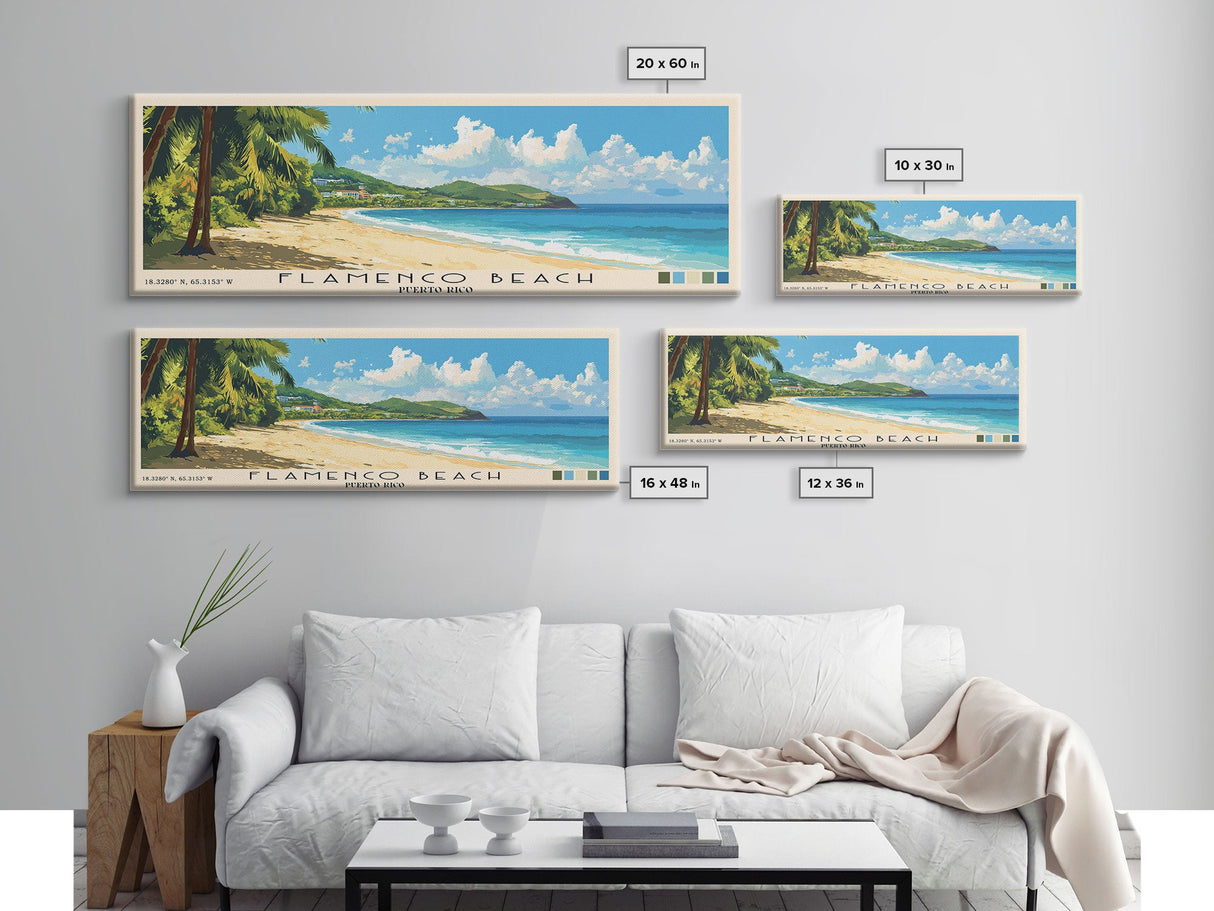 Flamenco Beach, Puerto Rico Panoramic Print, Vacation Gift, Puerto Rico Wall Art, Beach Painting, Beach Decor, Large Wall Art, Wood Frame Art