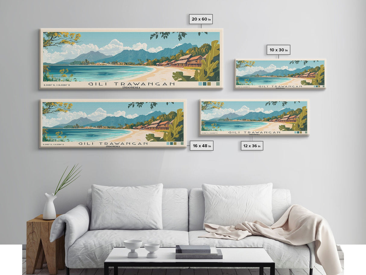 Gili Trawangan, Indonesia Panoramic Print, Vacation Gift, Indonesia Wall Art, Beach Painting, Beach Decor, Large Wall Art, Wood Frame Art