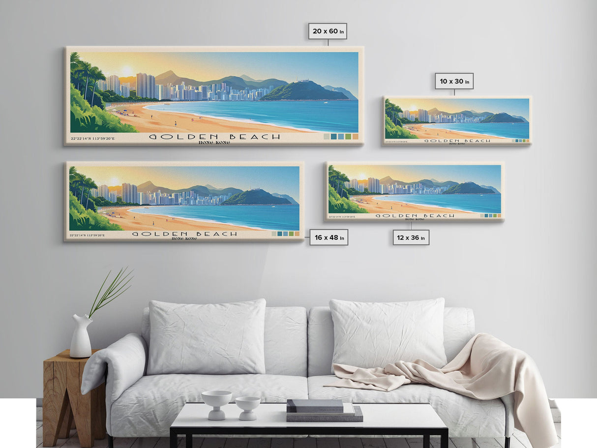 Golden Beach, Hong Kong Panoramic Beach Print, Vacation Gift, Hong Kong Wall Art, Beach Painting, Beach Decor, Beach Painting