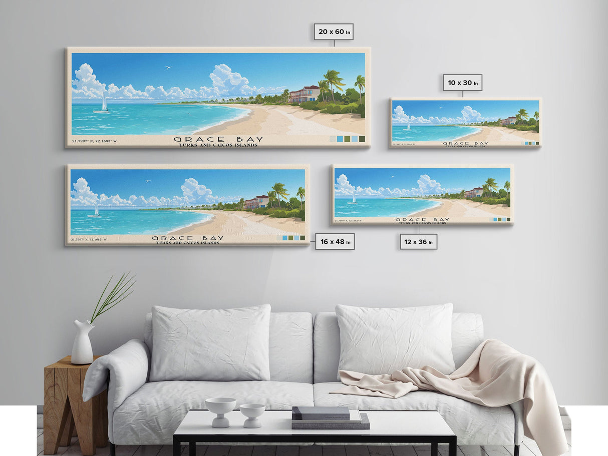 Grace Bay, Turks and Caicos Islands Panoramic Beach Print, Vacation Gift, Turks and Caicos Islands Wall Art, Framed Canvas Print, Framed Beach Painting