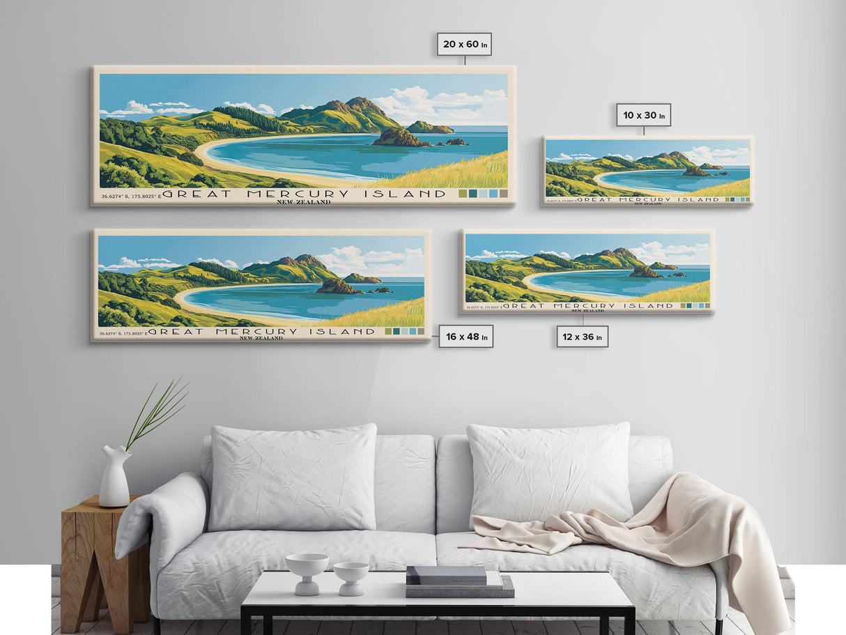 Great Mercury Island, New Zealand Panoramic Beach Print, Vacation Gift, New Zealand Wall Art, Framed Canvas Print, Framed Beach Painting