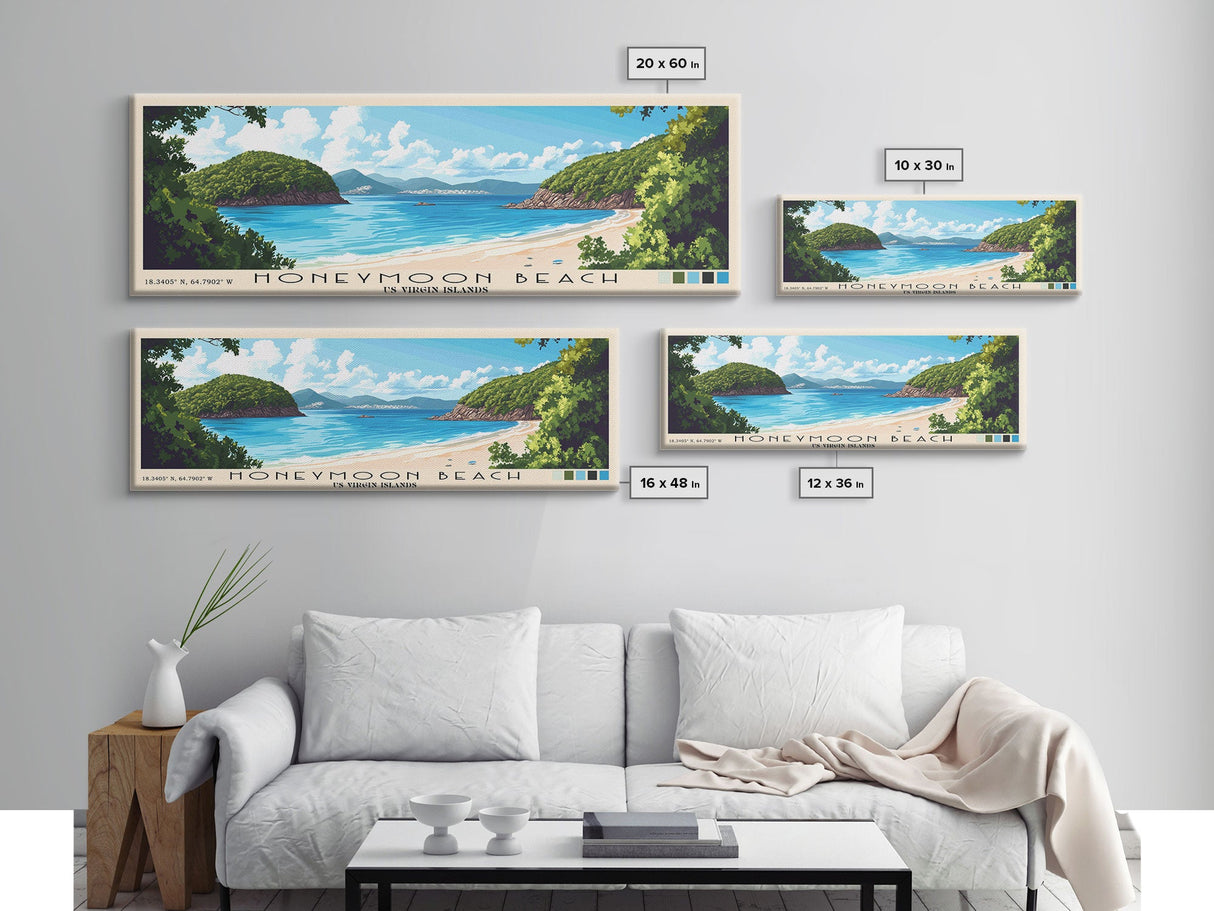 Honeymoon Beach, US Virgin islands Panoramic Print, Vacation Gift, US Virgin islands Wall Art, Beach Painting, Beach Decor, Large Wall Art, Wood Frame Art