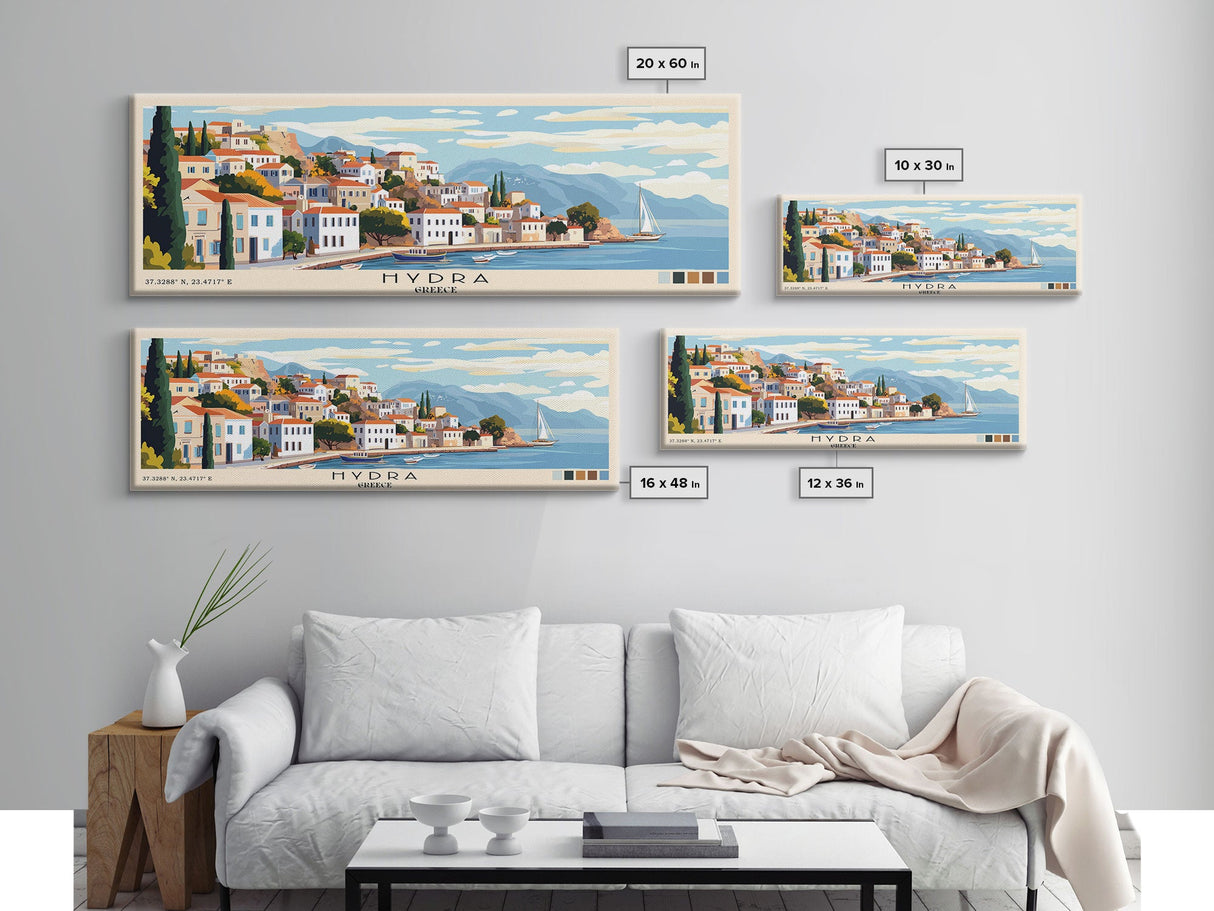 Hydra, Greece Panoramic Beach Print, Vacation Gift, Greece Wall Art, Framed Canvas Print, Framed Beach Painting