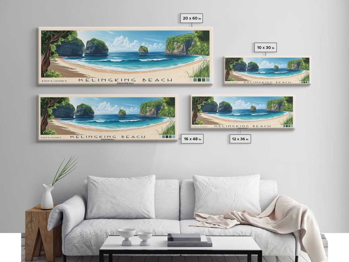 Kelingking Beach, Indonesia Panoramic Beach Print, Vacation Gift, Indonesia Wall Art, Framed Canvas Print, Framed Beach Painting