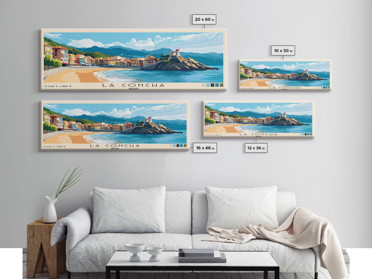 La Concha, Spain Panoramic Beach Print, Vacation Gift, Spain Wall Art, Beach Painting, Beach Decor, Beach Painting