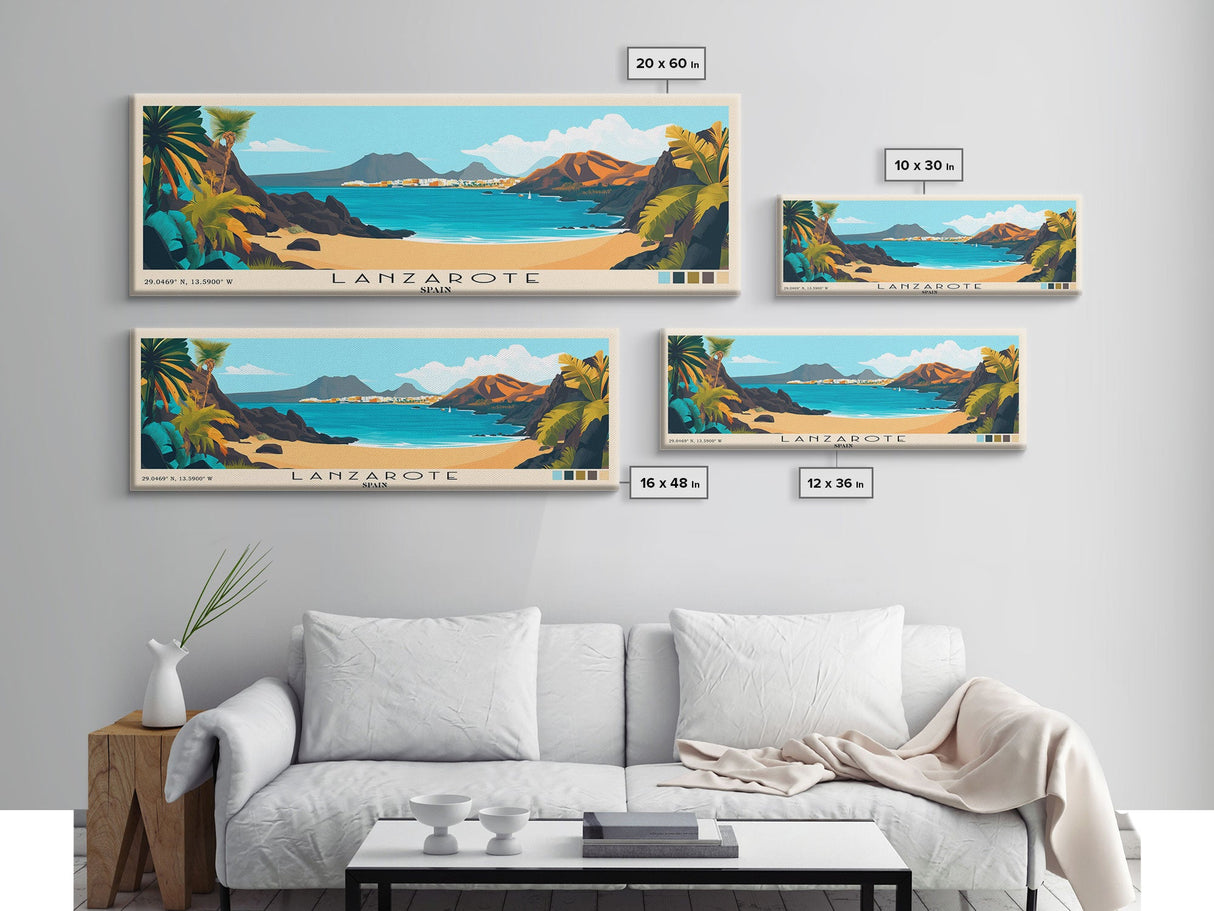 Lanzarote, Spain Panoramic Beach Print, Vacation Gift, Spain Wall Art, Framed Canvas Print, Framed Beach Painting