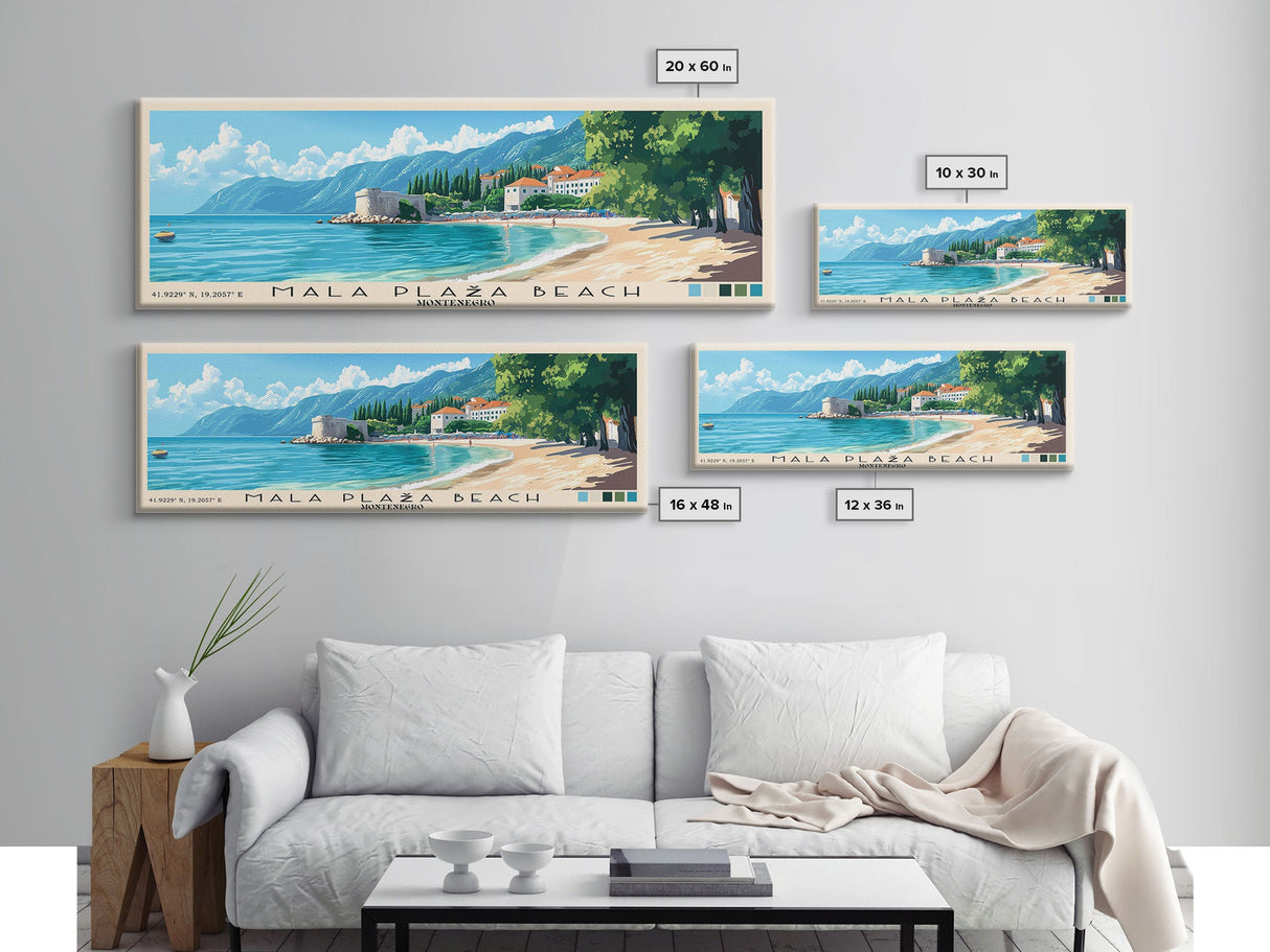 Mala Plaža Beach, Montenegro Panoramic Print, Vacation Gift, Montenegro Wall Art, Beach Painting, Beach Decor, Large Wall Art, Wood Frame Art