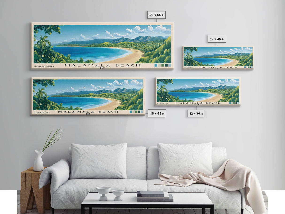 Malamala Beach, Fiji Panoramic Beach Print, Vacation Gift, Fiji Wall Art, Framed Canvas Print, Framed Beach Painting