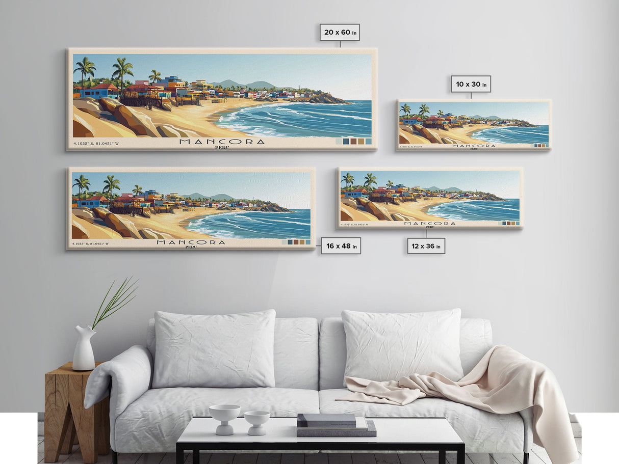 Mancora, Peru Panoramic Beach Print, Vacation Gift, Peru Wall Art, Framed Canvas Print, Framed Beach Painting