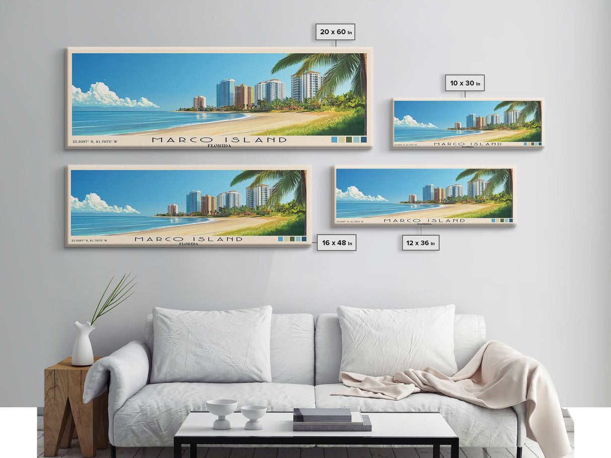 Marco Island, Florida Panoramic Beach Print, Vacation Gift, Florida Wall Art, Framed Canvas Print, Framed Beach Painting