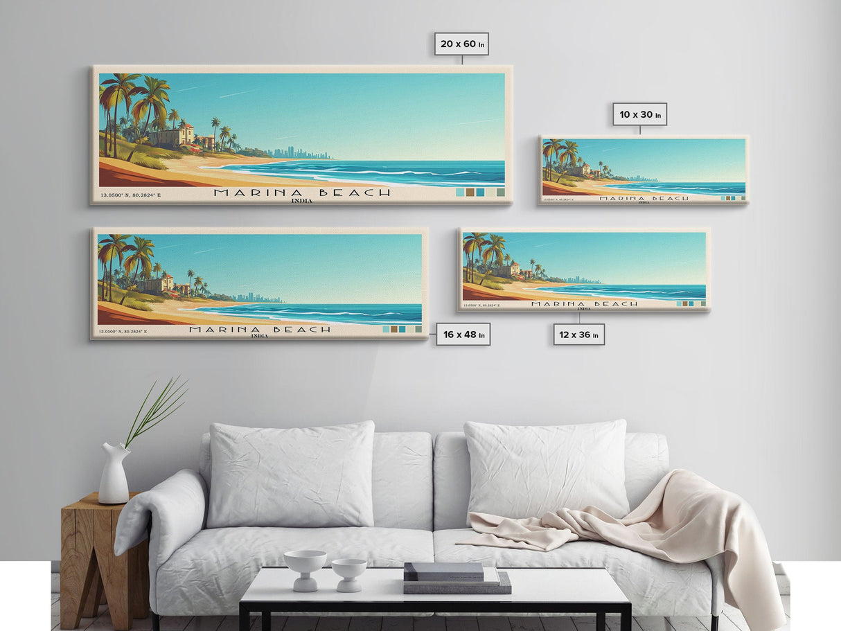 Marina Beach, India Panoramic Print, Vacation Gift, India Wall Art, Beach Painting, Beach Decor, Large Wall Art, Wood Frame Art