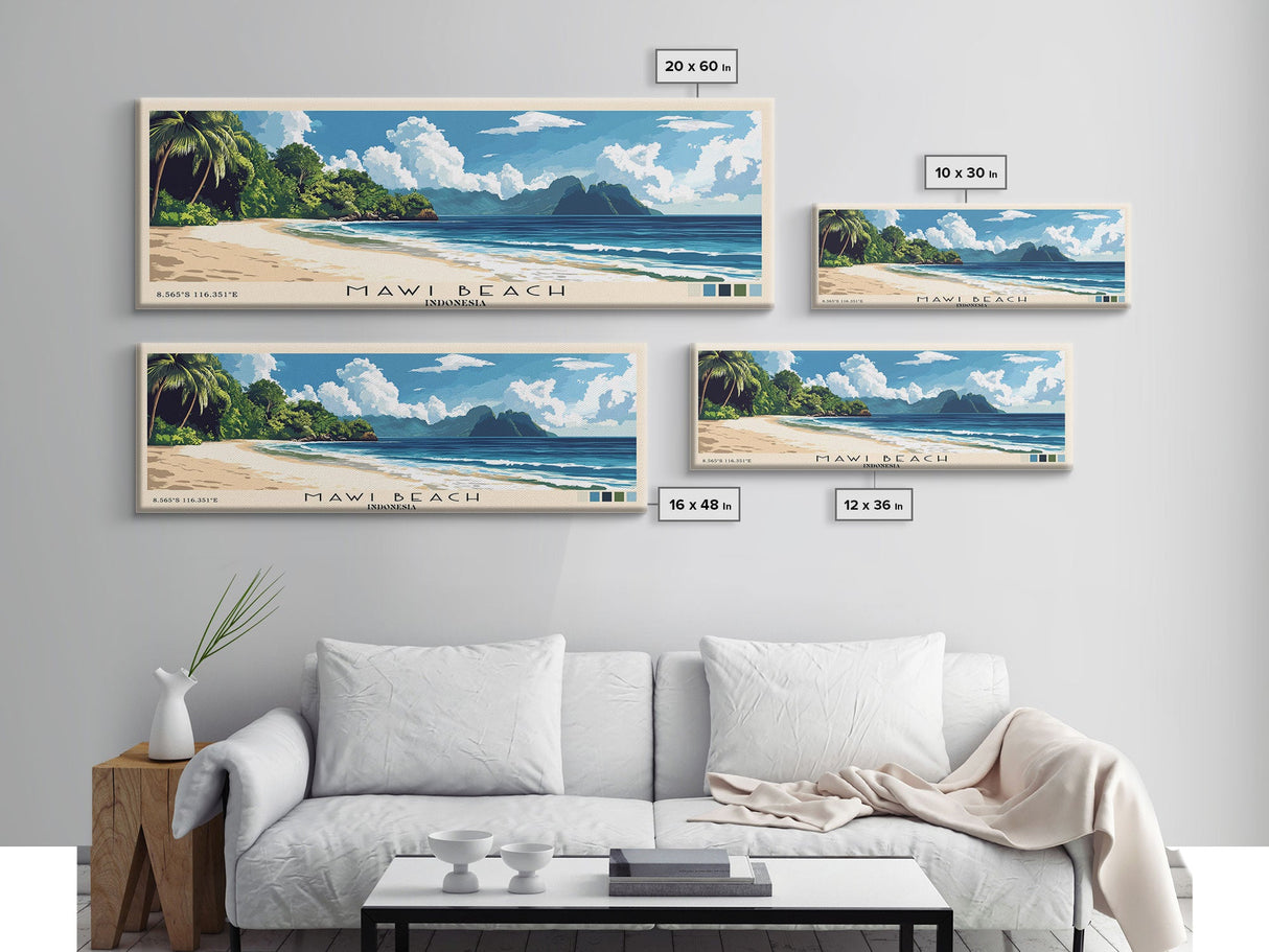 Mawi Beach, Indonesia Panoramic Beach Print, Vacation Gift, Indonesia Wall Art, Framed Canvas Print, Framed Beach Painting