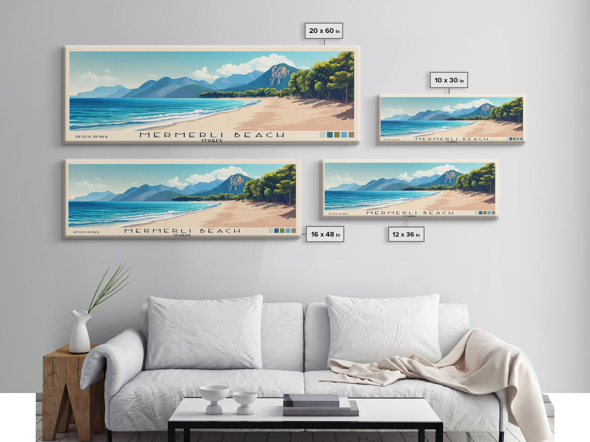 Mermerli Beach, Turkey Panoramic Beach Print, Vacation Gift, Turkey Wall Art, Framed Canvas Print, Framed Beach Painting